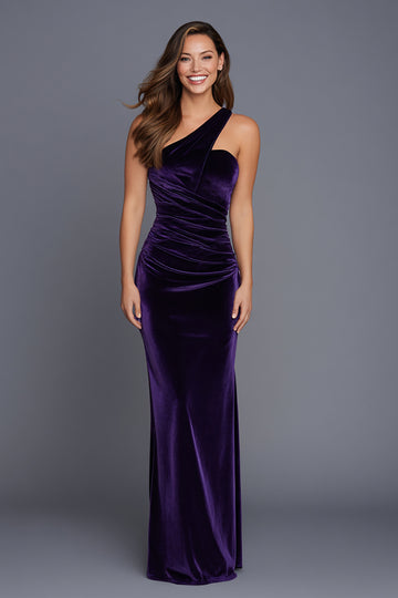 Velvet One Shoulder Sheath Plum Maxi Holiday Dress